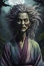 Placeholder: full color front facing portrait of a malevolent female Yama Uba witch in a ragged kimono with highly detailed shaggy hair , aged emaciated, and withered facial features, in a haunted mountain forest, pierced by shafts of moonlight , 8k , finely detailed and precise line work, soft natural Spring colors