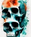 Placeholder: minimal lineart skull. watercolor and ink. black background. teal and orange