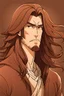 Placeholder: This is an illustration of a man with long hair, rendered in a cartoon style. The figure is skillfully drawn, with great attention to detail, much like a character one might find in an anime or manga. The artist used a dominant brown color palette, with a rich brown foreground and background, giving the character a warm, earthy tone. The animation style is reminiscent of a fictional character from a popular anime or manga series. The man's face and hands are slightly blurred, which adds an i