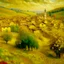 Placeholder: A golden yellow Japanese village with mystic clocks painted by Claude Monet