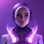 Placeholder: Cute girl face in hijab, Sci-fi character, purple backlight, pink and purple, scifi suit, profile, purple background, pink lighting