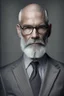 Placeholder: realistic photo portrait of a cocasian middle age bald man, short trimmed silver-gray beard, wearing glasees and black suit