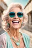 Placeholder: an happy older woman wearing sunglasses, vintage pastel outfit, and a necklace. She has a wide smile on her face and is laughing, in background blur bridge, natural light , high detailed, sharp focus, photorealistic, happy mood