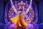 Placeholder: modern stage with gray-dark yellow blueish violet theme artistic decoration , color full dynamic lighting, a beautiful lady in maxi dress with shining silver jewels dancing, 3D recursive fractal structure animating background