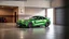 Placeholder: Mercedes-Benz AMG GT63s, green color, parked in a luxury garage and the car is facing left.