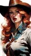 Placeholder: mysterious redhead woman 30yo in stunning cowgirl clothes by Gil Elvgren and Alex Ross and Carne Griffiths, detailed painting with dramatic shading