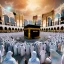 Placeholder: The scene in Mecca: People wearing white Ihram clothes, men without head coverings, women with veils, circumambulating around the Kaaba, and above them are transparent white spirits of children, men, and women with wings revolving around the Kaaba.