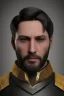 Placeholder: A handsome 30 year old man, black hair, male bob haircut, in black-and-gold plate armor, golden katana in both hands, no beard, european