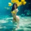 Placeholder: Playboy girl underwater with yellow flowers for hair, closed eyes, rtx, reflection, 8k, glow, winning photography, caustics