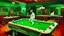 Placeholder: painting of a billiard room with a pool table and a man in a white suit, bar/lounge with a green roof, wooden baseboard, and red upper part of the walls, van gogh art style