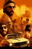 Placeholder: A poster of an arab movie, featuring a lot of arabs with sunglases, explosions, cars. The movie poster is in the style of indiana jones.