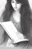 Placeholder: Pencil sketch of Young woman, Arab features,sad, long wavy hair, reading a book, full body، on lined paper