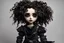 Placeholder: full color, illustration of a dark, menacing, curly haired, black cloth clad motorcycle girl, tall and willowy , as a decayed, broken, crude homemade cloth doll toy, with a cracked porcelain face, thick dark eyebrows, hair made from ragged strips of cloth, in the style of Nadya Sheremet