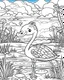 Placeholder: create a 2d black outline, "safari smiling cartoon flamingo coloring book for toddlers", coloring page, low details design, black contour, coloring page design, simple background, colorful , card style, coloring page for kids, white background, sketch style, safari landscape, cartoon style