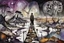Placeholder: inner world , atypical world, in midle an alone human figure in weird alternative clothes stands on the thin bridge with a big map his hands , weird whimsical landscape, forest, and Sahara water and rocks,, around surreal cracked painted weird land with some black doors. dark purple, gray, black, white, brown. Whimsical style of Chagall , of Minjae Lee and Anton Semenov, lonely with absurd beauty. broken, weird bizarr,e absurd nightmare, neuron network background, surreal vibe