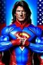 Placeholder: Paul Stanley/Elvis Presley/Pierce Brosnan/Jon Bernthal/Sean Bean/Dolph Lundgren/Keanu Reeves/Patrick Swayze/ hybrid, as the extremely muscular Superhero "SUPERSONIC" in an original patriotic red, white and blue, "Supersonic" Super suit with with an America Flag Cape,