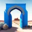 Placeholder: A gothic_arab gate in a blue wall with a view of a desert landscape