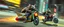 Placeholder: hi speed rocket ship on leaning scooter in a swing, coated rat gremlin captain in high speed pursuit among neon spy vs spy rat cyber soldiers, with background motion blur, airbrush and pen outline, in the style of Fallout 4 and Cyberpunk and GTA5