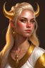 Placeholder: a young tiefling woman with white blonde hair and gold jewelry