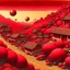 Placeholder: A dark reddish magenta oriental village with fiery orbs painted by Katsushika Hokusai