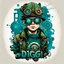 Placeholder: Vector t shirt art ready to print green blue graffiti illustration of a steampunk boy and a basecap with text "Digi".On cap, white background.