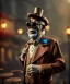 Placeholder: steampunk, cabaret scene. old man. little monkey, Sunglasses, rain, smoking, happy, hot. A lot of people background, highly detailed, concept art, unreal engine 5, god rays, ray tracing, RTX, lumen lighting, ultra detail, volumetric lighting, 3d, finely drawn, high definition, high resolution.