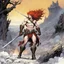 Placeholder: [art by Michael Kaluta] once a flourishing field, now reduced to burned ruins, fumes of death hung heavy in the air. Amidst the devastation, an enraged redhead Barbarian, a towering figure of wrath and fury, thundered across the desolate landscape. His eyes blazed with a primal rage as he sprinted towards a lone white paladin, clad in chrome steel plate armor, a beacon of light amidst the darkness. The Barbarian faces the paladin.