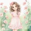 Placeholder: watercolor, full body, cute smile girl, curly hair, big eyes, long brown hair, pink dress, pink shoes, white backgrownd