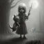 Placeholder: cute girl and litlle monster, Style John Kenn Mortensen,