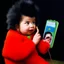 Placeholder: Che Guevara as a baby muppet kawaii calling phone using a cellphone nokia, studio photo. Magazine 1980