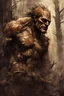 Placeholder: a stupid and crazy stone giant walks through the forest and breaks, vivid emotions, watercolor, photorealism, dark fantasy, bad weather, gloomy day, dark world, sketch art, fine lines, grunge, sensual, darkness, by Raymond Swanland & Alyssa Monks & Anna Razumovskaya