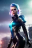Placeholder: Futuristic fantasy character, portrait from waist up, physically fit, latex and leather attire, blue eyes, pastel hair, intricate eyeliner, vibrant eyeshadow, clear completion, soft lighting, 4k resolution, intricate details, insanely detailed, colorful cityscape background, masterpiece, expert, cinematic smooth, retroanime style, realistic details, no helmet