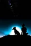 Placeholder: black background on a mountaintop and three silhouettes of a fit man, a silhouette of a fit woman, and silhouette of a Belgian malinois sitting next to the men and the woman looking at the stars