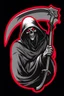 Placeholder: Grim-Reaper gripping scythe, vignette, black and white graphic novel style with a red outline, and black background,
