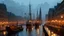 Placeholder: City and busy harbour with shipping moored, night, no moon, gas lamps, 1860, style John Atkinson Grimshaw, Ultra Realism, Complex Details, Intricate Details, 16k, HDR, High Quality, Trending On Artstation, Sharp Focus, Studio Photo, Intricate Details, Highly Detailed