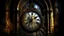 Placeholder: The clock of an abandoned church tower shows its hands forever stopped at 11:43, with the inner gear mechanism visible through the broken face, under a frozen time atmosphere with moonlight entering through stained glass windows; texture combines patinated bronze, dust accumulated on gears, and eroded limestone, in a sacred ruin realism style, with a chromatic palette of faded golds, night blues, and slate grays, in a close-up composition of the mechanism with the tower blurred in the background
