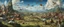 Placeholder: many flock of magnificent sky-beasts fly in the far distant sky. A busy outdoor surrealist market in the foreground of a beautiful surreal outdoor countryside summer scene, with hills & fields, intricate dwellings, many pathways & stairways, streams, waterfalls, & a waterwheel : in the style of Salvador Dali & Hieronymus Bosch, very high detail, photorealistic, epic cinematic, 8K, Large depth of field