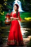 Placeholder: a woman in a red dress holding a vase, creative colorfull - makeup, with professional makeup, very very very beautiful face , nice country side with hills ,waterfall over a river with clear water,girls with perfect pretty face in folk costums and a jar, filling their jugs with water and some of them leaving while carring there jugs in there shouldes and 1beautiful girl with jug in shoulder in closeup , very nice mountains at distant, nice clouds in sky ,wide green field with