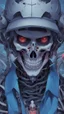 Placeholder: a close up of a person with a skull on their head, blue and black colors, anime skull portrait man, scary detailed art in color, hiroyuki-mitsume takahashi, nychos art aesthetic, half man half skeleton, anime cyberpunk art, colored manga art, rossdraws pastel vibrant, hot colors. insanely detailed, beautiful anime portrait, stunning anime face portrait, scary art in color