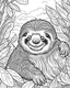 Placeholder: create a 2d black outline, "safari smiling cartoon sloth coloring book for adults", coloring page, low details design, black contour, coloring page design, simple background, colorful , card style, coloring page for adults, white background, sketch style, safari landscape, cartoon style