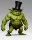 Placeholder: large dwarf goblin standing confidently, towering over most creatures with a stout, muscular build. Its skin is a vibrant shade of green, with a slightly rough texture. The goblin's large, expressive eyes are wide and gleaming, filled with mischief and curiosity. Long, sharp fang-like teeth protrude from its mouth, giving it a somewhat intimidating yet endearing appearance. Perched atop its head is a tall, elegant top hat, slightly askew, adding a touch of whimsy to its appearance. The hat is ad