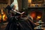 Placeholder: create an elegant old English parlor scene, noble elderly woman in richly detailed 1800s gown, seated by a roaring fireplace in a rocking chair, reading as a fluffy Persian cat with glowing green eyes rests on her lap, candlelight flickering, antique wallpaper, teacup and porcelain tray nearby --ar 3:2 --v 7 --style raw