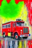 Placeholder: firetruck, spraying water, abstract expressionist