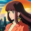 Placeholder: Young business woman, dark orange eyes, dark brown hair, elegant hair, thin lips, gold hoop earrings, waist up portrait, 8k resolution, intricate details, ornate details, soft lighting, vibrant colors, retroanime, masterpiece, realistic, intricate eyeliner, dark eyeshadow, eyes,futuristic cityscape background