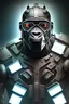 Placeholder: realistic cyberpunk style geometric robotic gorilla wearing rectangular goggles and a high tech cybersuit with various wires lights and doodads made of reflective black plastic rusted metal and discarded electronic parts looking up into the sky in harsh high contrast lighting from the top