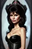 Placeholder: painting of victoria principal as evil queen in black leather, feminie, angry, stern look on her face, volouptous, busty, cleavage, emperious, mature, highly detailed, digital painting, artstation, concept art, smooth, sharp focus, illustration, art by gaston bussiere and alphonse mucha