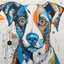 Placeholder: A colorful, abstract painting of a dog with exaggerated features. The dog has large eyes, a patchwork of blue, orange and tan fur, with black outline details giving a scribbled effect. the image is in the middle of a white canvas. The background should be clean and mostly white, with subtle geometric shapes and thin, straight lines that intersect with dotted nodes.The style is expressive and textured, reminiscent of outsider art.