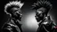 Placeholder: two Afro-American males facing each other in profile, confrontational stance, high-contrast black and white, deep shadows, bright rim lighting, dark studio background, punk spiked mohawk hairstyles, metallic reflective jackets, skin highlights, intricate chrome ear frames and jawline exoskeleton jewelry, biomechanical ear cuffs, sculptural contours, sharp silhouettes, cinematic low-key photography, cyberpunk aesthetic, symbolic duality, tension, dramatic