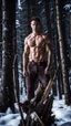 Placeholder: two Handsome and muscular 30 year old shirtless mountain men , dark fantasy, snowy forest