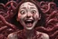 Placeholder: Woman with rare eyes,smiling meanwhile many worms streaming from his mouth, face distorted with pain, screaming, tears streaming, siting pose, fullbody, Junji Ito style, darkred tones,high detailed, 4k resolution, digital paiting, cute, art, no background 3d pixar disney the cinematic FKAA, TXAA, and RTX graphics technology employed for stunning detail.